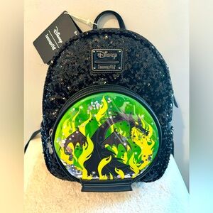 NWT! Disney's Maleficent Loungefly Sequin Snowglobe Mini Backpack! NEVER USED!